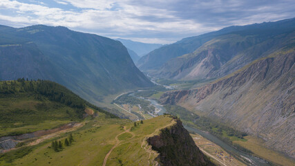 Aerial view of the Katu-Yaryk viewpoint and the canyon of the Chulyshman river valley, Altai photo by drone
