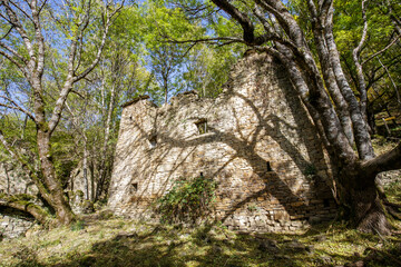 Old house in autumn forest in Ordesa and Monte Perdido National Park, Spain