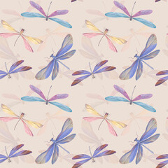 Pattern of watercolor dragonflies. Seamless pattern of colorful insects with wings for design, scrapbooking, cards, wallpaper, print, print, wrapping paper. Bright dragonflies