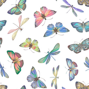 Pattern of watercolor butterflies and dragonflies. Seamless pattern of colorful insects with wings for design, scrapbooking, cards, wallpaper, print, print, wrapping paper. Bright dragonflies