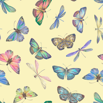 Pattern of watercolor butterflies and dragonflies. Seamless pattern of colorful insects with wings for design, scrapbooking, cards, wallpaper, print, print, wrapping paper. Bright dragonflies