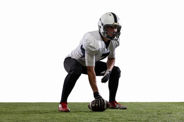 American football player in action isolated on white studio background. Concept of professional sport, championship, competition.