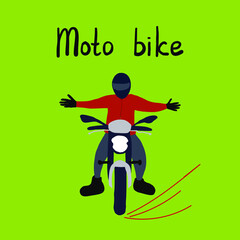 Young caucasian man riding a scooter on green background. Young man in helmet driving a scooter in the city street. hand drawn text Moto bike. Vector flat design illustration. Square layout.