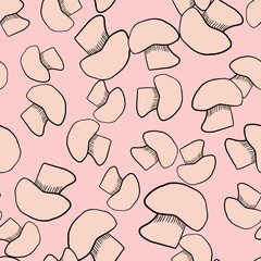 Hand drawn seamless pattern with outline champignon print. Pink colored autumn harvest print.