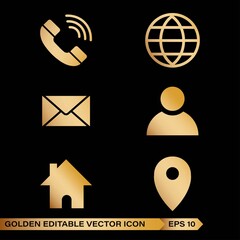 Luxury Contact information icons, vector. With premium gold color on the black background. For business cards and websites. Telephone, mail, letter, person, address, location icons 