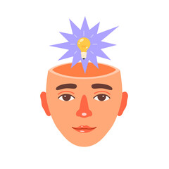 Human head with a glowing light bulb. Concept of idea, creative insight, brainstorming. Vector illustration isolated on white background