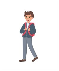 boy in school uniform with a backpack. Vector illustration of isolated character in cartoon style. Student goes to school