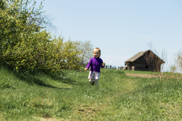 Naklejka na ściany i meble a little girl in a purple jacket and dress runs across the field and laughs
