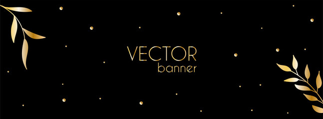 Dark vector luxury long banner with golden leaves and place for text. Premium design template for facebook cover - obrazy, fototapety, plakaty