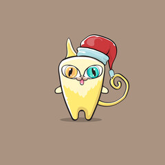Vector cartoon yellow Santa Claus cat character with red Santa hat isolated on brown background. Funny Christmas kids poster or print design template.