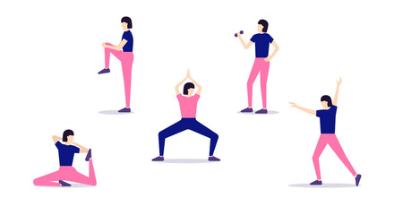 Sport training set Vector illustration in flat design Female characters in bright clothes in active fit poses isolated on white background