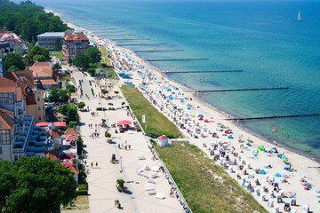 bird's eye view of the beach of Kuehlungsborn Mecklenburg Western Pomerania. Summer vacation in Germany