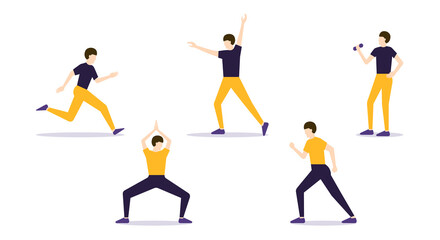 Fototapeta na wymiar Sport exercises set Vector illustration in flat design Male characters in bright sport clothes in active poses isolated on white background