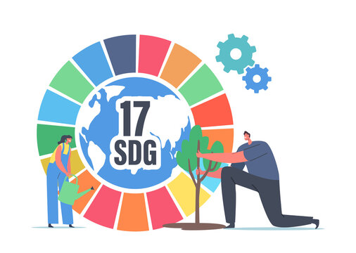 Characters Watering Green Plant at Colorful SDG Wheel. Sustainable Development Goals, Forest Restoration, Reforestation