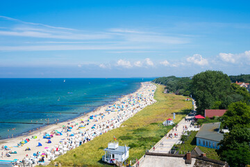 bird's eye view of the beach of Kuehlungsborn Mecklenburg Western Pomerania. Summer vacation in...