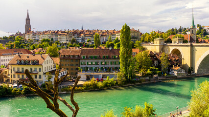 Panoramic view over the picturesque old town of Bern and the Aare river.