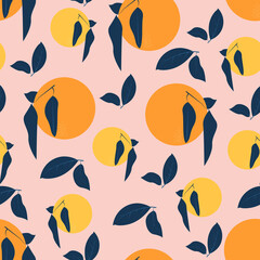 Citrus seamless pattern Vector illustration in flat design Ripe oranges and lemons on pink background