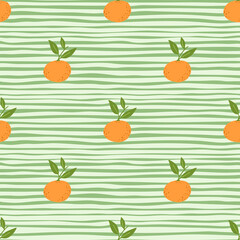 Funny orange mandarin silhouettes seamless fruit pattern. Green striped background. Garden harvest print.