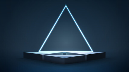 Empty blue triangular podiums with neon triangular frame on dark background