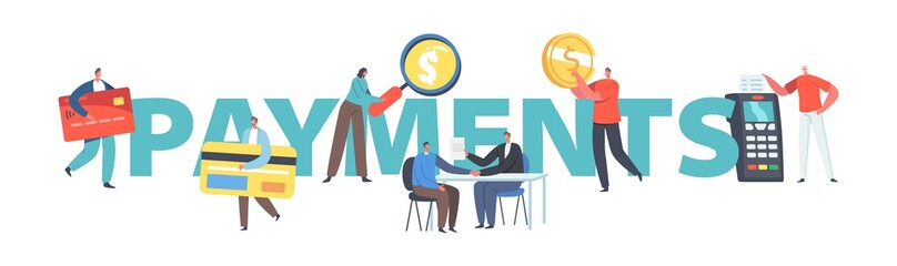 Payments Concept. Tiny Characters Use Cash and Wireless Devices for Money Transactions, Banking System, Virtual Bank