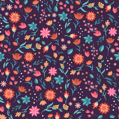 Fototapeta na wymiar Folklore seamless pattern with small bright flowers. Vector floral pattern for fabric and paper.