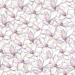 Floral seamless print with white and pink lilies, gentle hand-drawn vector pattern for fabric, dresses, home textiles.