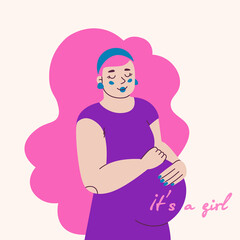 Pregnant lovely young woman with pink hair. Text it is a girl. Illustration for sticker or greeting card for gender reveal party.