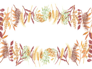 Watercolor hand painted nature autumn plants banner frame with brown cereals, yellow rye ear, green sprout and orange leaves on branch composition on the white background with space for text