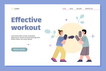 Effective workout with personal coach web page, flat vector illustration.