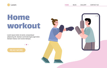 Home online workout with personal coach website, cartoon vector illustration.