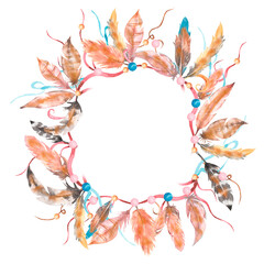 Watercolor Feathers Clipart. Boho hand  drawn Feathers Frame illustration, Indian Tribal Ethic Clip art, Wedding Invitation, card design