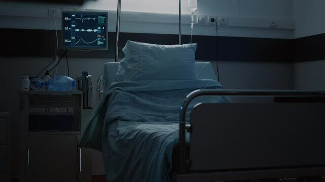 Emergency clinical empty facility used as hospital ward on floor to treat disease, illness, injury, surgery recovery. Sterile medical equipment, comfortable bed, clean wheelchair, monitor