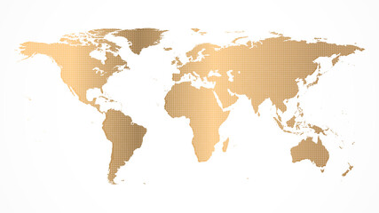 Dotted golden world map vector illustration isolated on a white background.