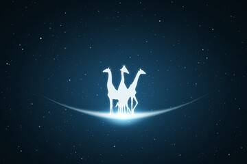Obraz na płótnie Canvas Three giraffes. Endangered animal silhouette. Starry sky, glowing outline