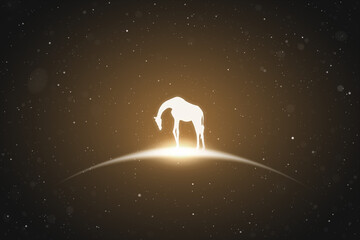 Lonely giraffe. Endangered animal silhouette. Starry sky, glowing outline