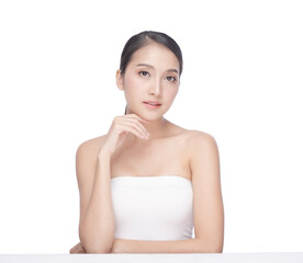 Beautiful Girl beauty face care and Facial treatment. Woman with clear skin isolated on white. Clean fresh beautiful young Asian woman with fresh skin on white background.