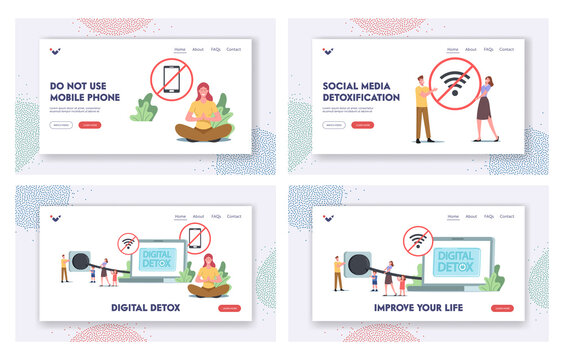 Digital Detox Landing Page Template Set. Tiny Characters Disconnect Laptop Plug Exit Social Networks, Turn Off Gadgets