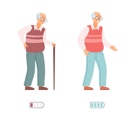 Vigorous energetic and tired exhausted old man vector illustration isolated.