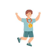 Boy happy to get gold medal for achievements, flat vector illustration isolated.