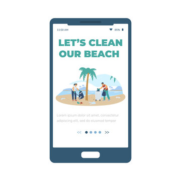 Onboarding screen for beach clean up ecological event, flat vector illustration.
