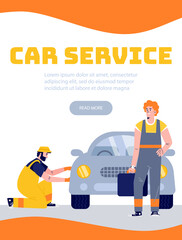 Car service banner or card with mechanics characters, flat vector illustration.