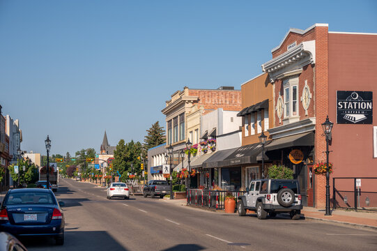 Medicine Hat, Alberta - July 11, 2021: Storefronts in the historic downtown of Medicine Hat, Alberta