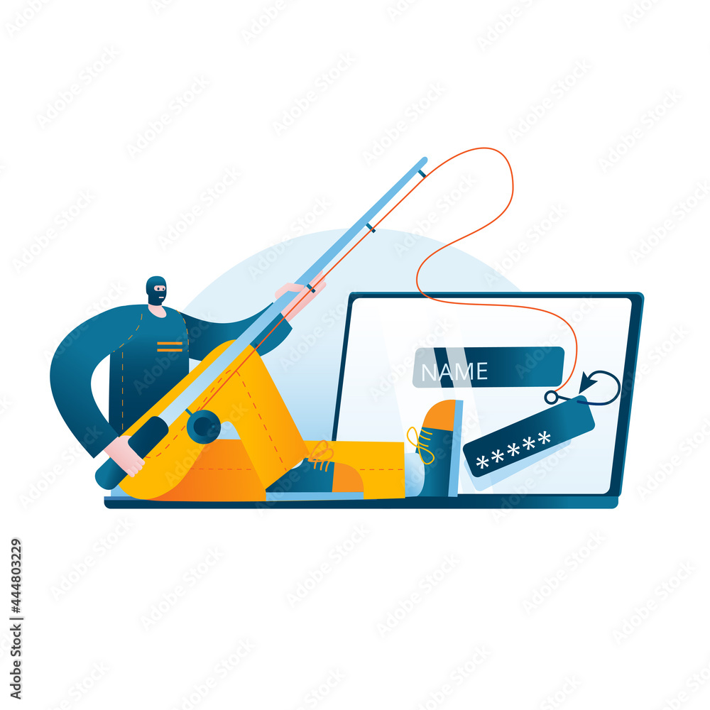 Poster a man in a mask sits on a laptop and catches the user's passwords on a hook. concept of a vector ill