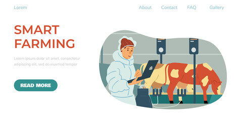 Control on a dairy farm by mobile application, vector flat style illustration.