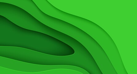 Abstract green background in paper cut style. 3d layout wallpaper cut out from cardboard. Modern template with abstract curve shapes. Vector environmental card with papercut waves for business poster.