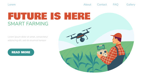 Landing page template with info about application drone technology in farming.