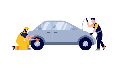 Workers of car service checking engine, flat vector illustration isolated,