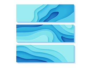 Set of blue flyers in paper cut style. Collection of horizontal banners 3d abstract background. Vector environmental cards template with top view cut out wavy shapes for posters, business presentation