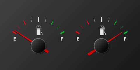 Naklejka premium Vector 3d Realistic Gas Fuel Tank Gauge, Oil Level Bar on Black Background. Full and Empty. Car Dashboard Details. Fuel Indicator, Gas Meter, Sensor. Design Template