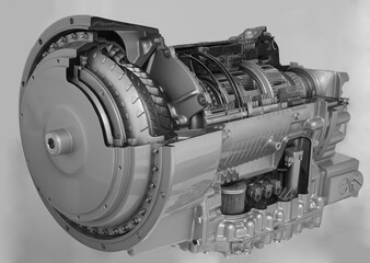 new, modern Automatic transmission, gears, mechanism. View in section